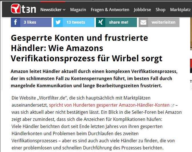 Amazon Verifikation: t3n.de und tmta.de steigen auch in das Thema ein