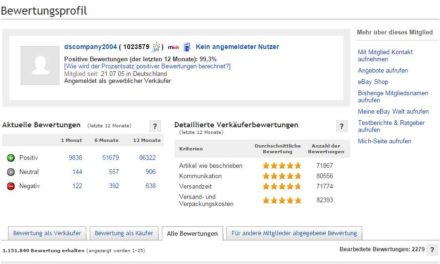 [UPDATE: Und nun ist se wieder aufgehoben]Blitzmeldung: dscompany2004 mit 1.023.579 Bewertungen heute bei eBay gesperrt!