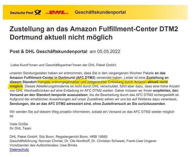 Anlieferung an DTM2 Amazon 