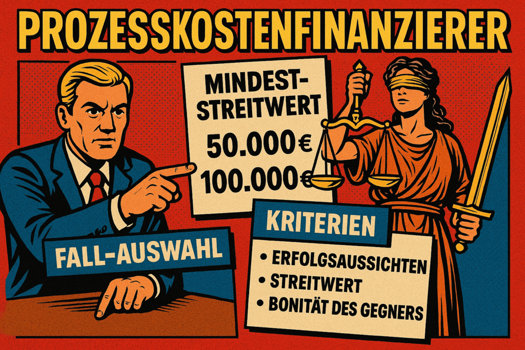 Prozesskostenfinanzierung, Rechtskostenfinanzierung, Finanzierung, Rechtsstreit, Klage, Anwalt, Gerichtskosten, Erfolgsbeteiligung, Prozessrisiko, Kapitalanlegerklagen, CumEx, Wirecard, Kartellschadensersatz, LkwKartell, Dieselskandal, Versicherungsrecht, Gesellschaftsrecht, Massenverfahren, FORISAG, LitiCapital, ROLANDProzessFinanz, TheriumGroup, LEGIALAG, OmniBridgeway, Streitwert, Beweislage, Verjährung