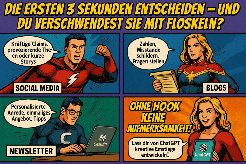 Hook-Arten, Content Hook, Social Media Hook, Blog Hook, Newsletter Einstieg, Hooks nach Medium, Aufmerksamkeit erzeugen, Content Ideen, ChatGPT Content