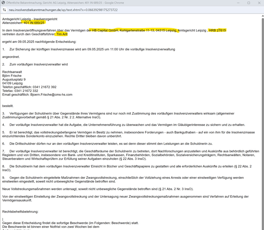 Händlerbund HB Capital GmbH Insolvenz