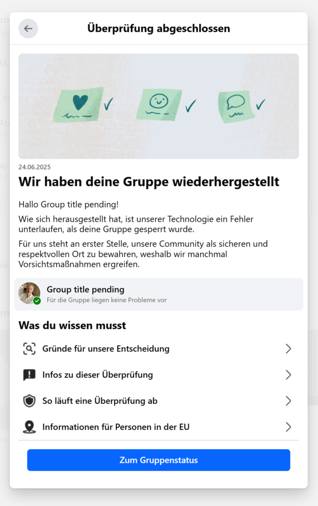 Facebook Gruppen gelöscht, Group title pending, Meta Fehler, Wortfilter betroffen, KI Moderation, E-Commerce Community, Plattformrisiko, Facebook Krise