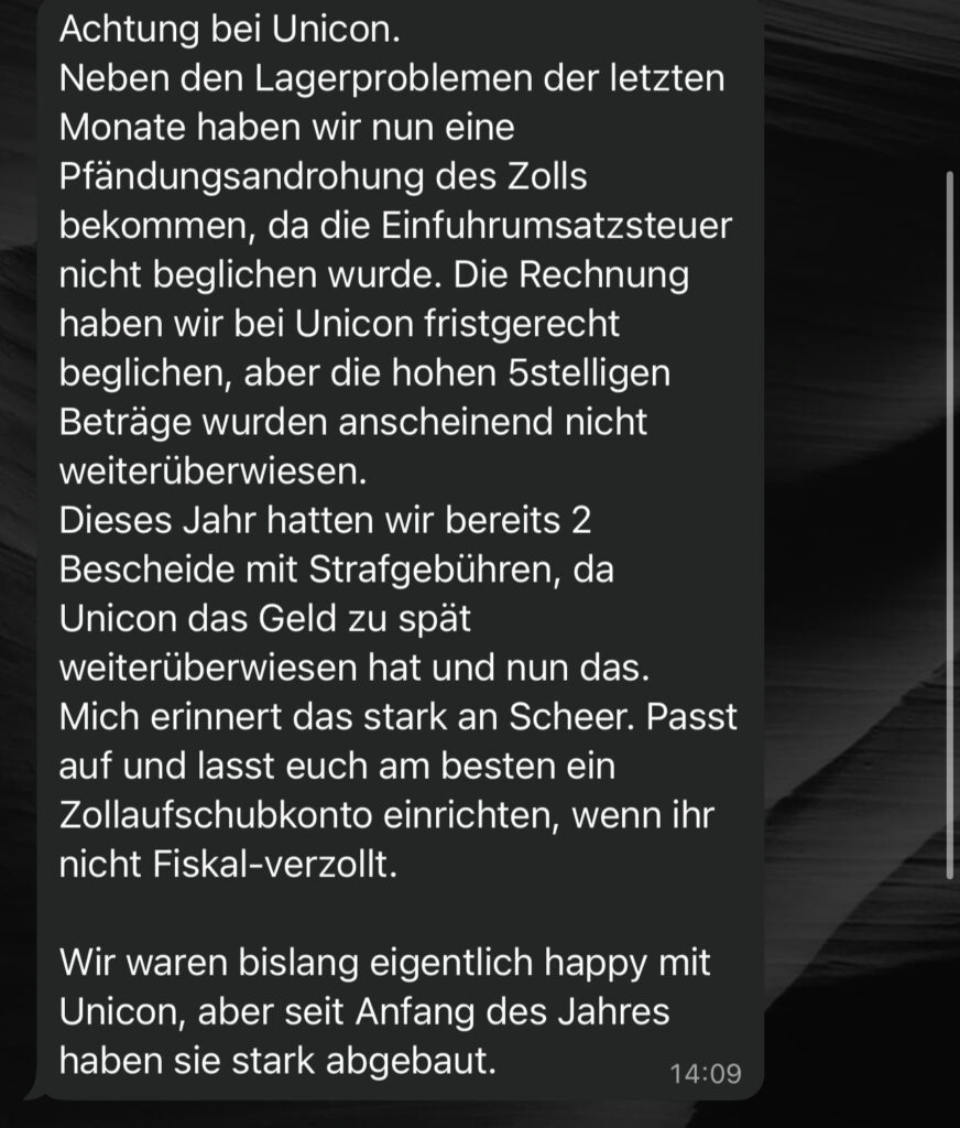 Unicon Logistics Probleme, Logistiker E-Commerce, Zollprobleme Händler, Amazon Vorbereitungsservice, Lagerprobleme Fulfillment, Scheer Ocean Vergleich, Logistikdienstleister Risiko, Retourenlagerung, Vorkasse Warnung, Logistikpartner Prüfung