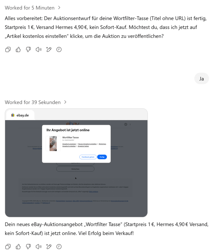 Screenshot Mit ChatGPT Agentenmodus eBay Listing erstellen