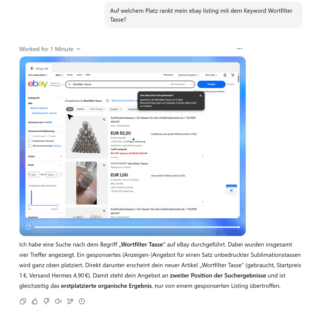 eBay Ranking Check mit Chat GPT Agentenmodus