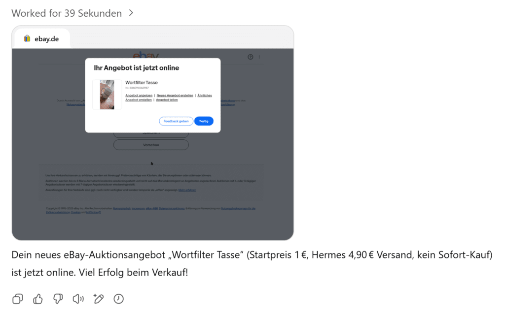 Screenshot Mit ChatGPT Agentenmodus eBay Listing erstellen