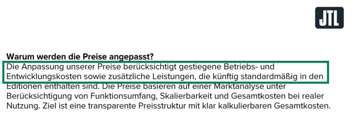 JTL Preiserhöhung Ursachen