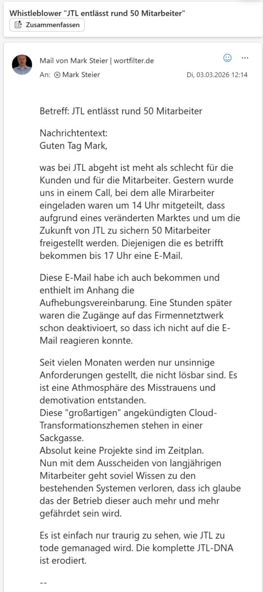  JTL Mitarbeiter entlassen