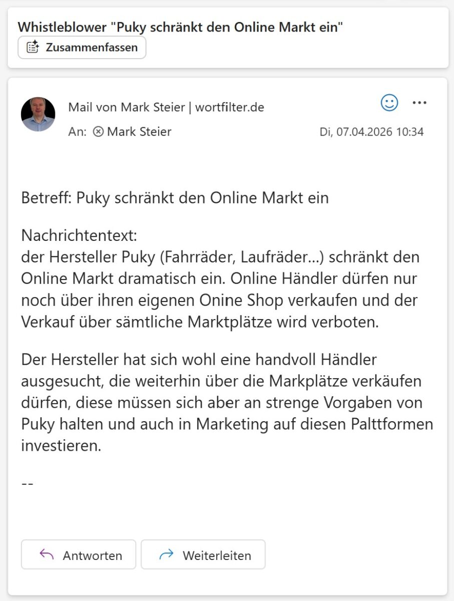 Nachricht an Wortfilter über das Whistleblower Formular eines betroffenen Puky Händlers