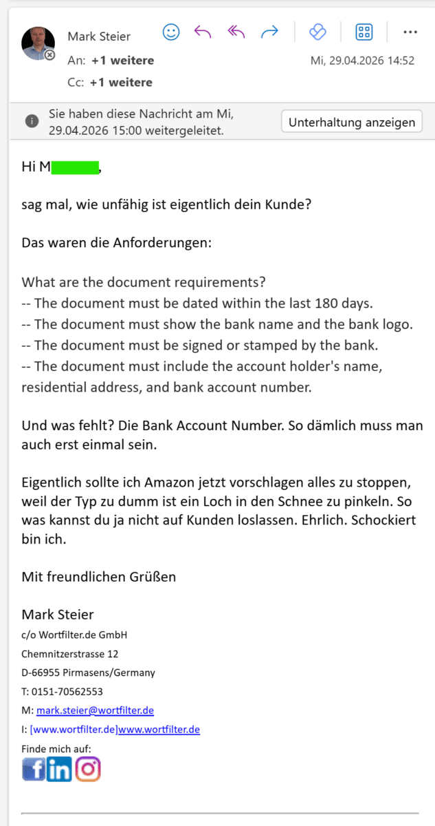Mail an Amazon Händler und Dienstleister