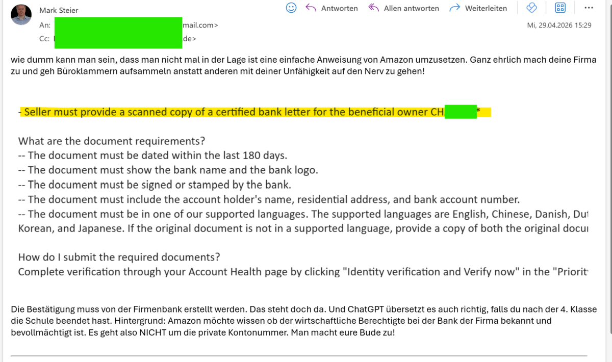 Antwortmail an den Amazon Verkäufer