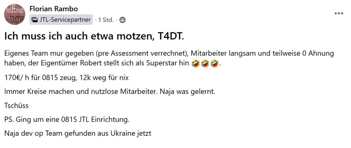 Kritik an Robert Wall T4DT GmbH