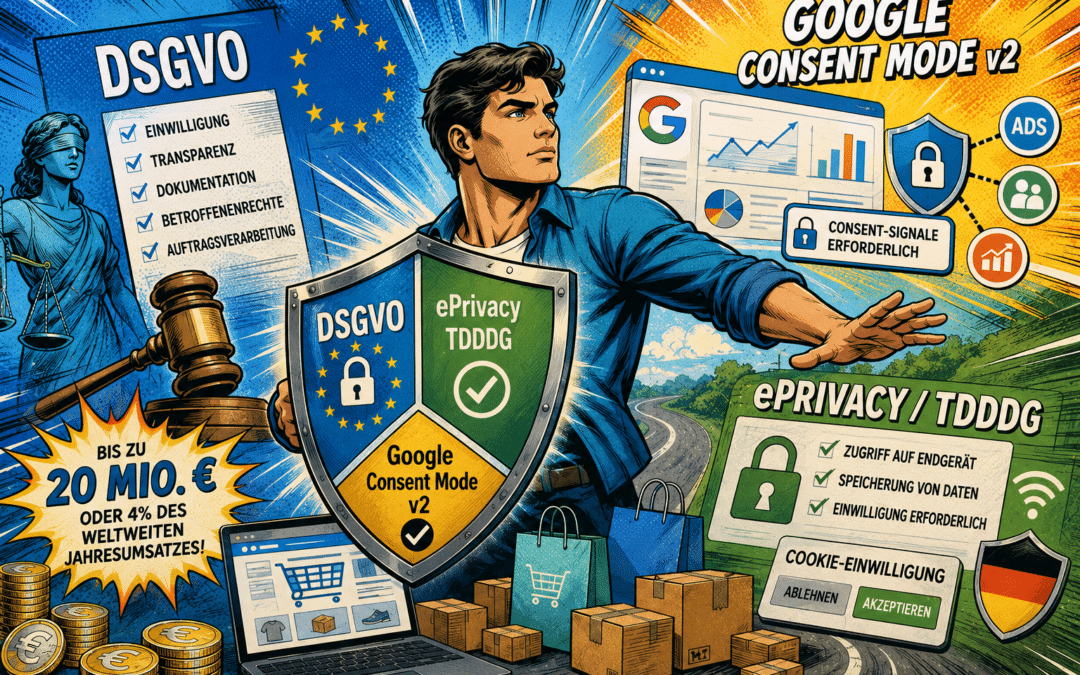 Google Consent Mode v2, ePrivacy & DSGVO: Die drei Regelwerke, die jeden Shopbetreiber gleichzeitig treffen