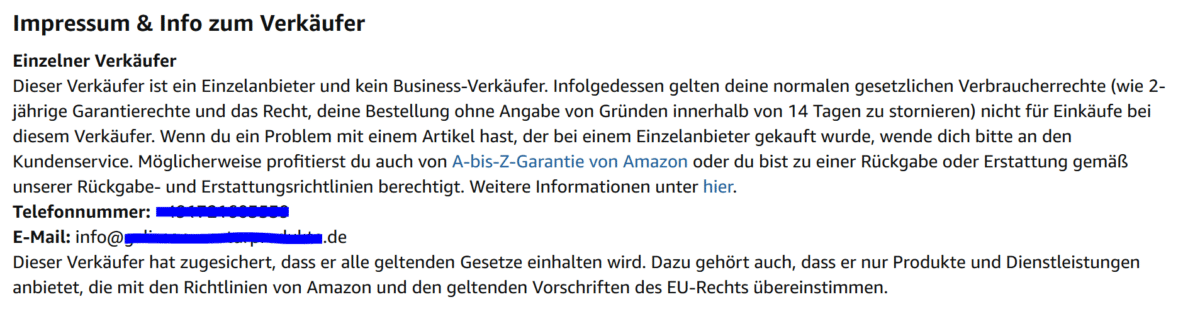 Screenshot Amazon Verkäuferprofil: Hinweis „Einzelner Verkäufer – Dieser Verkäufer ist ein Einzelanbieter und kein Business-Verkäufer“ bei einem gewerblichen Händler