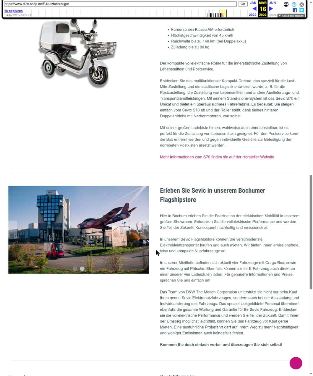 Screenshot der archivierten D&W-Website vom 16.03.2023: Abschnitt Sevic Flagshipstore Bochum mit Foto des D&W-Geländes am Dückerweg und Mietflotten-Angebot (Wayback Machine)