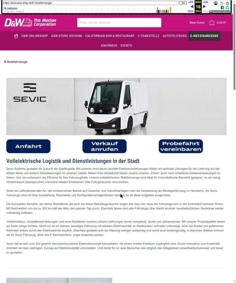 Screenshot der archivierten D&W-Website vom 16.03.2023: Seite E-Nutzfahrzeuge mit Sevic-Logo und Elektrotransporter V500e (Wayback Machine)