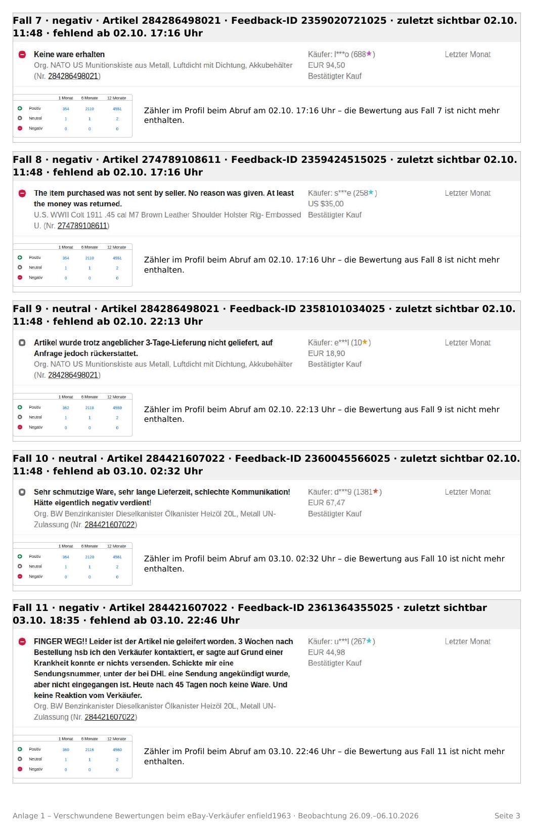 Screenshots der gelöschten eBay-Bewertungen beim Verkäufer enfield1963, Fälle 7 bis 11
