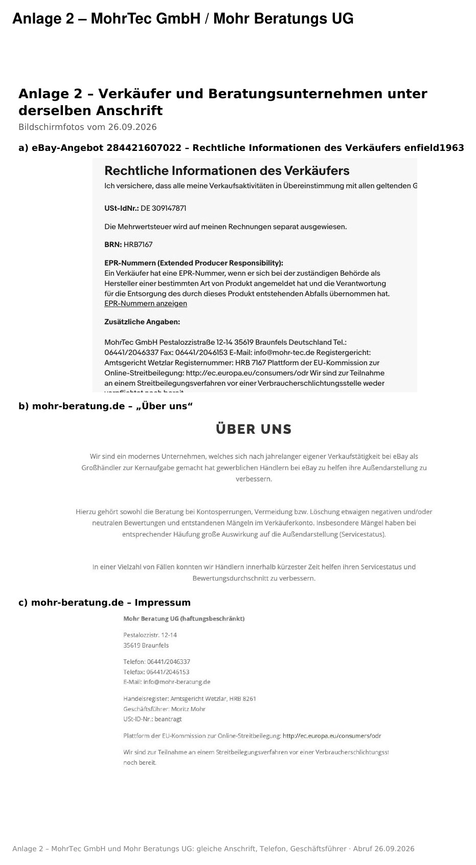 Screenshots: Rechtliche Informationen der MohrTec GmbH bei eBay sowie Über-uns-Seite und Impressum der Mohr Beratung UG