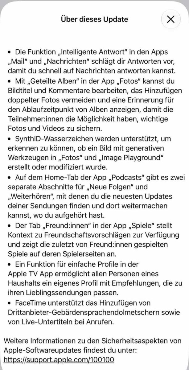 Screenshot der offiziellen Release Notes von iOS 27.2 auf dem iPhone: Intelligente Antwort in Mail und Nachrichten, Geteilte Alben, SynthID-Wasserzeichen, Podcasts, Spiele, Apple TV und FaceTime