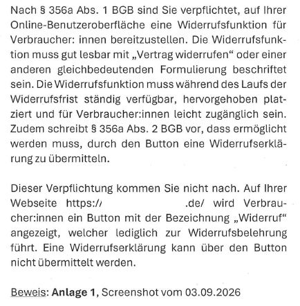Auszug aus einem Abmahnschreiben zum Widerrufsbutton nach § 356a BGB: Button „Widerruf“ führt nur zur Widerrufsbelehrung
